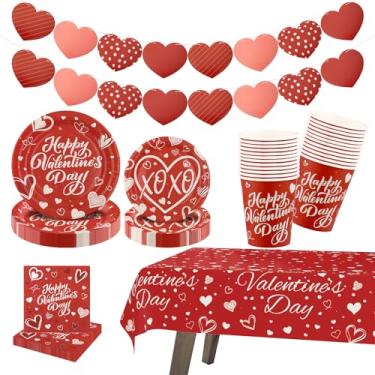 Imagem de Arosche Conjunto de artigos de festa para decoração de dia dos namorados para 24 pratos de papel descartáveis, guardanapos, copos, toalha de mesa e guirlandas Feliz Dia dos Namorados XOXO corações
