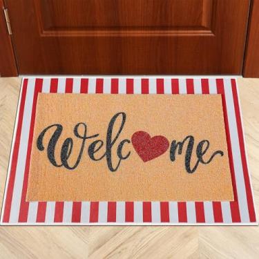 Imagem de Hallswl Conjunto de 2 capacho de dia dos namorados, tapete de boas-vindas com coração vermelho, antiderrapante, para entrada, vermelho, branco, listrado, tapetes de porta para ambientes internos e