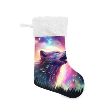 Imagem de ATTX Meias de Natal Aurora Boreal Lobo, Brancas de Pelúcia, Suportes de Presente para Decorações de Festas de Férias (43 cm, 1 Pacote) #221