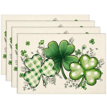 Imagem de OTOSTAR Jogo americano de Dia de São Patrício, conjunto de 4, 30 x 45 cm, trevo verde, trevo de quatro folhas, tapetes de mesa de jantar sazonais, primavera, férias, cozinha, jantar