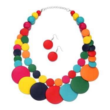 Imagem de GIKILEE Conjunto de brincos de colar de contas de madeira grossa colar tribal africano gargantilha colar geométrico étnico joia declaração, Madeira, Sem Pedra Preciosa