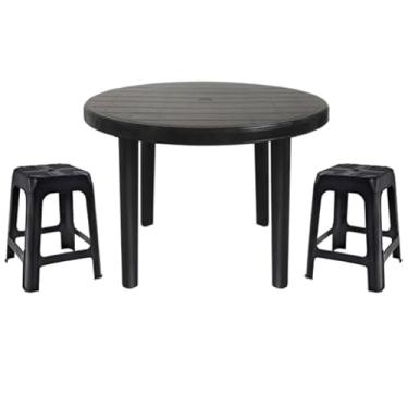 Imagem de Mesa Redonda Desmontável de Plástico 94cm Preta + 2 Banquetas Empilháveis