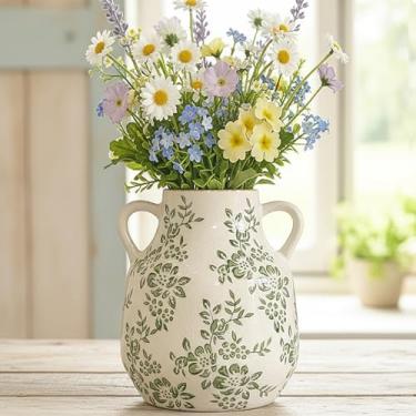Imagem de Vaso de cerâmica vintage, vaso decorativo floral verde chinoiserie, rústico, retrô, grande, com acabamento rachado, com alça para flores, decoração de casa, sala de estar, peça central, verde-02, 20,6