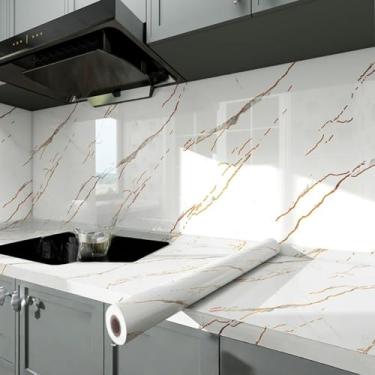Imagem de Papel de parede efeito mármore cozinha autoadesivo à prova de óleo película protetora de bancada banheiro impermeável resistente a manchas resistente a altas temperaturas fogão renovação papel de