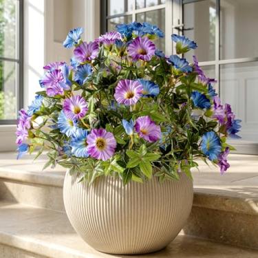 Imagem de Uqueeten Flores artificiais, plantas falsas, 33,8 cm, 4 peças, flores artificiais de seda, flores artificiais resistentes a raios UV, plantas para decoração de quintal ao ar livre (azul roxo)