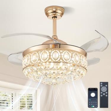 Imagem de FRIXCHUR Lustre de cristal dourado regulável de 42 polegadas Ventilador de teto moderno de LED Ventilador de teto com luzes e controle remoto, 6 velocidades 3 ventiladores de cores para sala de estar