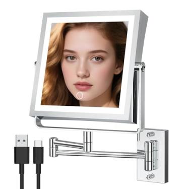 Imagem de Espelho de maquiagem montado na parede com luzes 4000 mAh recarregável dupla face 1X/10X espelho de maquiagem iluminado com 3 luzes coloridas e braço oscilante de extensão de rotação de 360° regulável