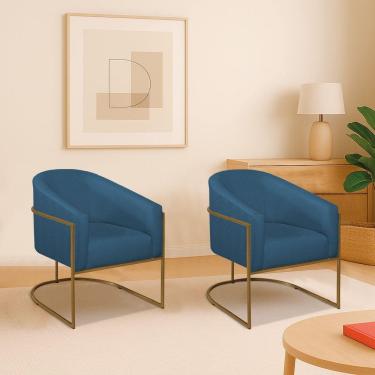 Imagem de Kit 2 Poltronas Decorativa Jade Moderno Escritório Confortável Luxo Base De Ferro Dourado Linho Cor Azul Royal