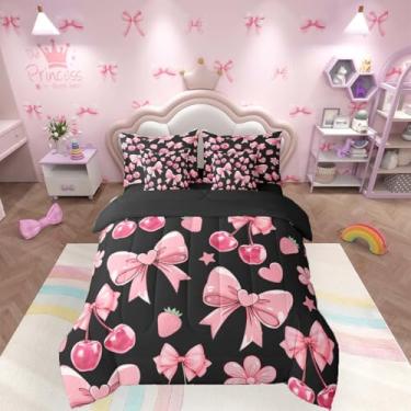 Imagem de jejeloiu Conjunto de edredom com laço rosa e preto, 7 peças, solteiro, com laço, para crianças, meninos, meninas, cerejeira, flor, respirável, macio e leve