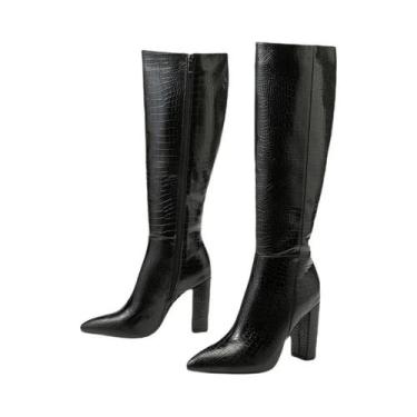 Imagem de Botas Femininas De Salto Grosso Pontudo Até O Joelho Em Couro Enverniz