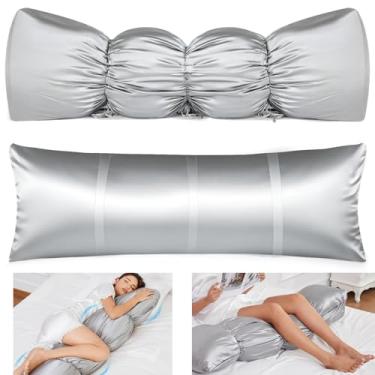 Imagem de Capa de travesseiro corporal, cordão ajustável de 51 x 137 cm, fronha longa de cetim macio e refrescante, fronha de corpo inteiro sedosa, adequada para cabelo e pele, cinza escuro