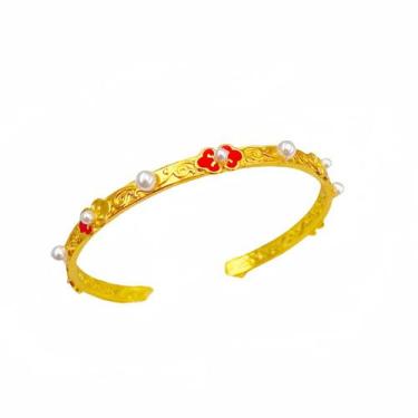 Imagem de Pulseira aberta banhada a ouro para mulheres com esmalte floral - Yiwe