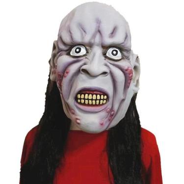 Imagem de Máscara Horror Demon de resina facial completa com cabelo preto assust