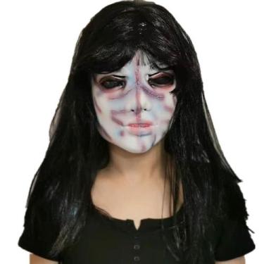 Imagem de Máscara fantasma feminina assustadora com cabelo preto, maquiagem de t