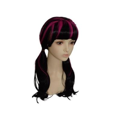 Imagem de Peruca de cosplay preta e rosa com rabos de cavalo duplos de 45 cm par