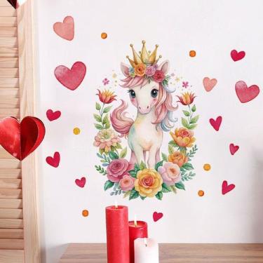 Imagem de Adesivo de parede Lindo Unicórnio com corações e flores 30x60cm PVC - 