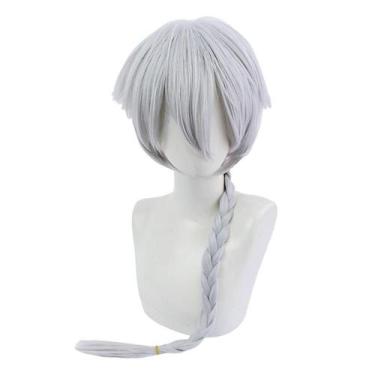 Imagem de Peruca de cosplay curta prateada cinza trançada 35 cm Synthetic Heat R