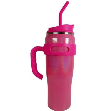 Imagem de Copo Térmico Inox Com Alça Canudo Esmaltado Glitter Portátil, Prático E Mantém A Temper...