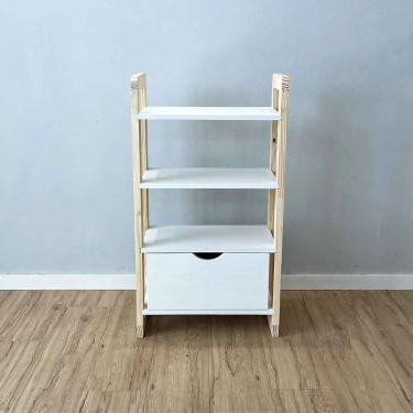 Imagem de Aparador Linea Slim 4 Prateleiras 1 Gaveta Madeira Maciça 54cm Branco e Natural Artfactory Design
