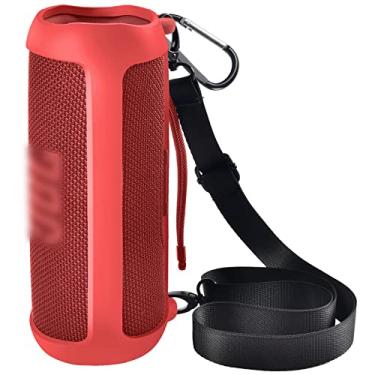 Imagem de Capa de silicone para alto-falante Bluetooth JBL FLIP 6 impermeável, portátil, capa de borracha de pele macia, bolsa de armazenamento para viagem com alça de ombro e mosquetão - vermelha