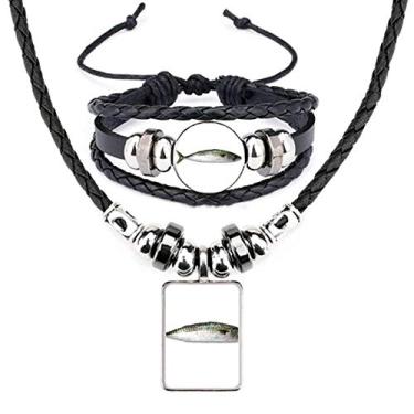 Imagem de Conjunto de joias de pulseira de couro preto longo com peixe oceano