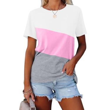 Imagem de MLXSJ Camisetas femininas de verão Color Block 2024 casual manga curta gola redonda, Branco-rosa-cinza claro, P