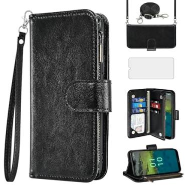 Imagem de Asuwish Capa de celular para Nokia C110 carteira com protetor de tela de vidro temperado alça transversal flip zíper suporte para cartão de crédito celular slot suporte C 110 4G N156DL mulheres