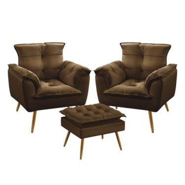 Imagem de Kit 2 Poltronas Decorativas Estofada Opala e Puff Lunar Sued Marrom Ar