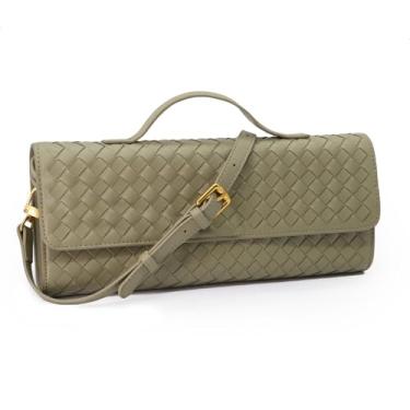 Imagem de Bolsa clutch de tecido feminina alça superior bolsa tiracolo de couro com alça removível, Verde claro, Medium
