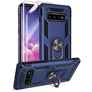 Imagem de Capa para Samsung Galaxy S10 com protetores de tela HD, suporte de anel de metal de grau militar Androgate com suporte de 4,5 m de queda testada à prova de choque para Samsung Galaxy S10 (2019) azul