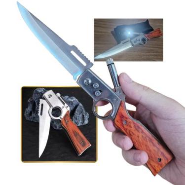 Imagem de Canivete 25cm Retratil Com Led Cabo de Madeira Dobrável Automático Aço