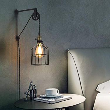 Imagem de INJAK Luminária De Parede Industrial Com Design Polia, Altura Ajustável, Preta, Parede, Estilo Fazenda, Para Sua Sala Estar, Quarto, Lâmpada, Interruptor Cabo, Pendente, Gaiola Metal, Abajur