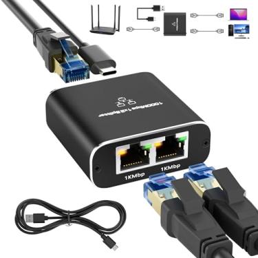 Imagem de Conable Adaptador Divisor Ethernet De 1 Para 2 Saídas, Rj45 Alta Velocidade Com Cabo Alimentação Usb, Conector Distribuidor Internet Lan Gigabit, 1000 Mbps Cat5/5E/6/7/8, Rede Simultânea