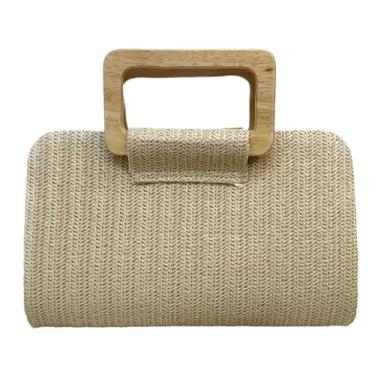 Imagem de Bolsa clutch de palha simples quadrada bolsa de mão bolsa de verão praia com alça superior bolsa transversal para festa de formatura bolsa de corrente, Caqui, Medium
