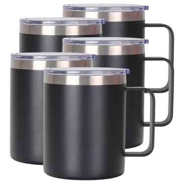 Imagem de Kit 5 Caneca Termica 360ml em Aço Inox com Tampa e Alça - Ideal para Café, Cerveja, Bebida Quente e Gelada, Chopp (Preto)