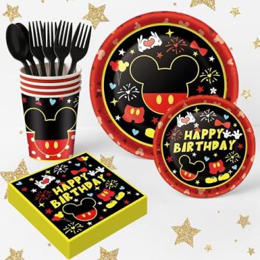 Imagem de Artigos de festa de aniversário para 30 convidados – Conjunto de talheres de festa infantil vermelho preto para meninos com pratos, guardanapos, copos, talheres e decorações de aniversário, pratos e