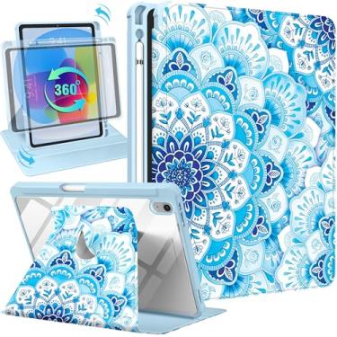 Imagem de Uppuppy Capa para iPad 10ª geração 10,9 polegadas capa fólio com porta-lápis mulheres meninas bonitas meninas bonitas adolescentes flor azul design estético exclusivo suporte giratório para Apple iPad 10 Gen Cases 2022