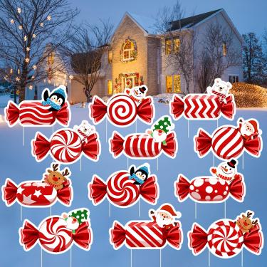 Imagem de JOICEE Placa De Jardim Doces Natal Com 12 Peças, Papai Noel, Rena, Pinguim, Urso, Decoração Papelão Ondulado À Prova D'Água Para Feriados