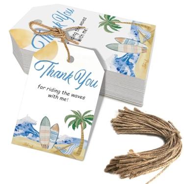 Imagem de 50 etiquetas de agradecimento para festa na piscina, etiquetas de presente temáticas de praia de verão para decoração de chá de bebê e lembrancinhas de festa de aniversário (surfe)
