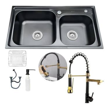Imagem de Kit Cuba Pia Cozinha Gourmet Dupla E Torneira 2 Saídas