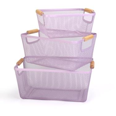 Imagem de Cesta de malha metálica com alça de madeira, grande, média, pequena, adequada para cozinha, bar, sala de estar, banheiro, etc. Armazenamento e organização (roxo) 3 peças