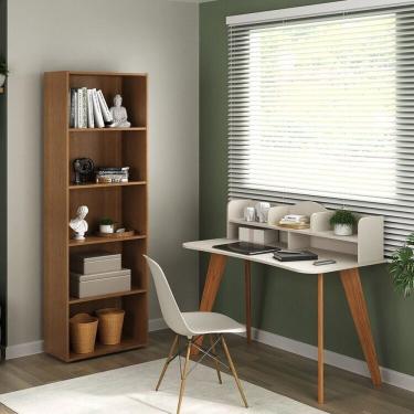 Imagem de Conjunto escrivaninha Sofia e estante Multy com diversos nicho Branco/Cedro