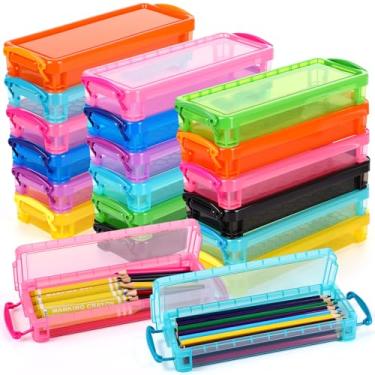 Imagem de Glenmal 20 pacotes de caixa de lápis de plástico empilhável caixa de giz de cera a granel com tampa apertada de encaixe organizador de armazenamento de pintura de pincel de plástico para escola