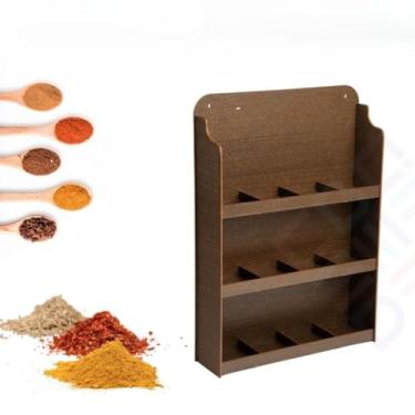 Imagem de Prateleira Porta Condimentos Suporte Em Madeira Porta Tempero de Parede 12 Potes de Plástico(GRANDE (SEM 12 potes) Marrom)