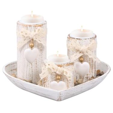 Imagem de Suporte de vela de madeira Tealight com bandeja suporte de vela decorativo para luz de chá com bandeja vintage conjunto de castiçais para decoração de casa, decoração romântica para mesa de jantar de