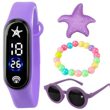 Imagem de Relógio Digital Infantil Prova Dagua + Oculos Sol + Pulseira Roxo Presente Fundo Mar Criança Menina