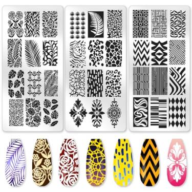 Imagem de Benikmake 3 peças de folhas molde de carimbo de unha com estampa de leopardo zebra placa de imagem de aço inoxidável DIY ferramentas reutilizáveis com raspador de carimbo para salão de manicure