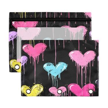 Imagem de Wassud Bolsa de lápis para fichário de 3 anéis em negrito corações neon bolsas com zíper serve para fichários padrão para escritório, pacote com 2