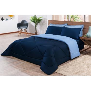 Imagem de Kit Edredom + Jogo De Lençol Aconchego Look House Casal Padrão 6 Peças 80% Algodão , 20% Poliéster- Azul Marinho E Azul