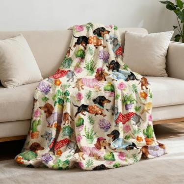 Imagem de GLOBLELAND Manta fofa com estampa de dachshund 150 x 129 cm, plantas verdes, cobertor de flanela macia, suculenta, lavável, felpudo para sofá, cama, dormitório, casa